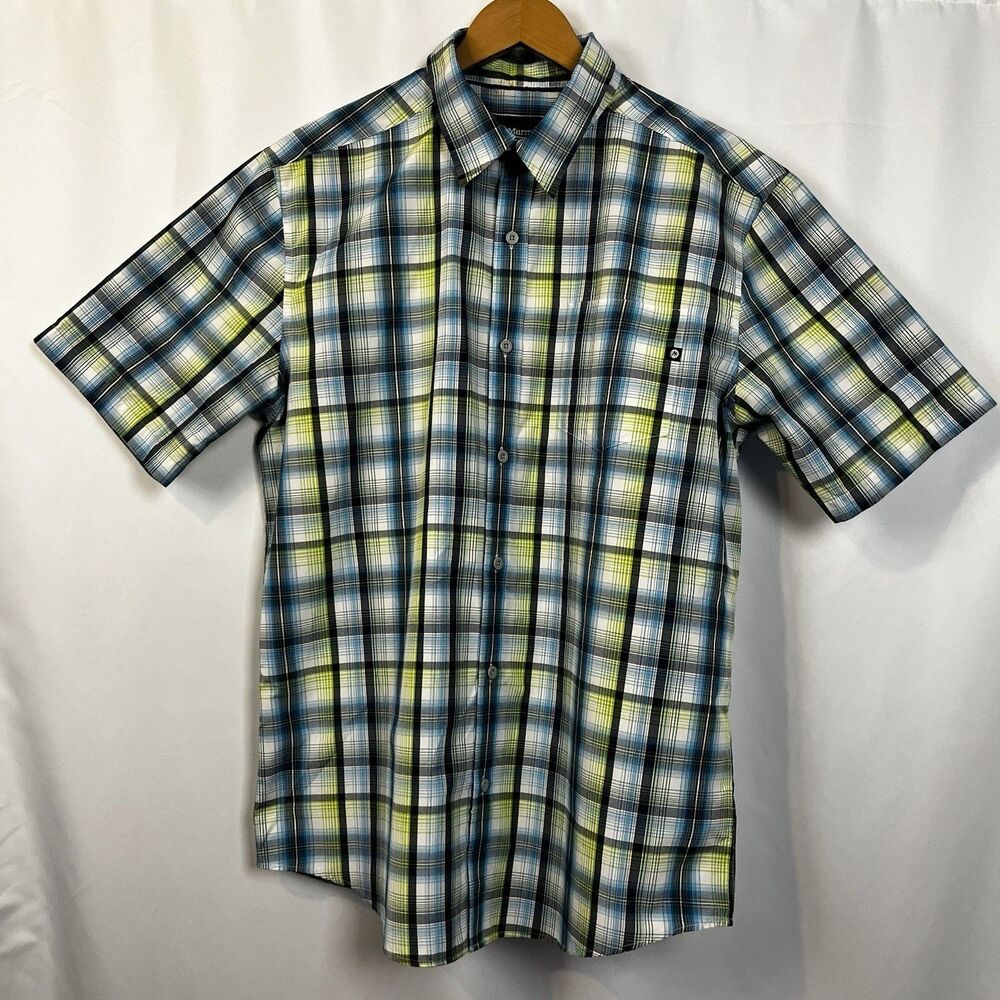 Marmot For Life Mens Gorpcore Button Up Short Sleeve Size L Blue Green Plaid